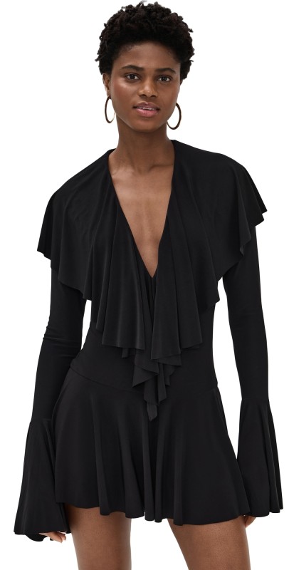 Norma Kamali Long Sleeve Deep V Ruffle Mini Dress Black