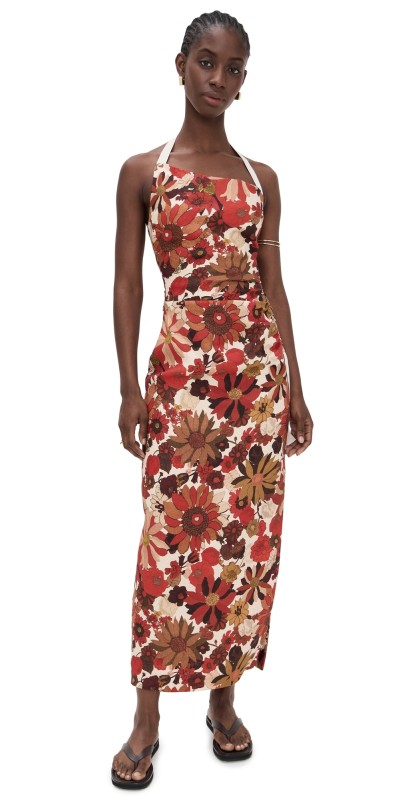 SIR. Castella Gathered Midi Dress Flora Rosso