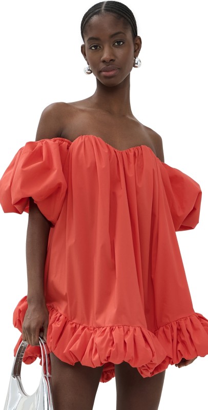 CAROLINE CONSTAS Leona Off Shoulder Bubble Hem Mini Dress Fiery Red