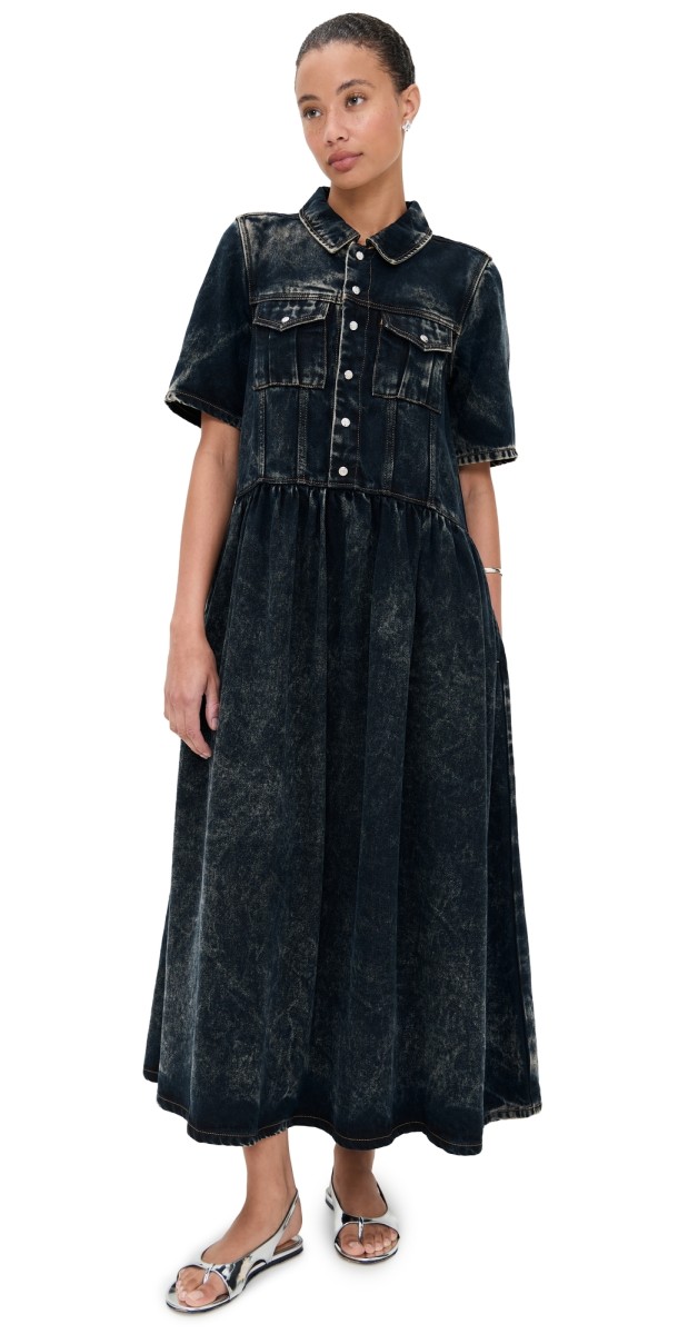 GANNI Light Denim Long Dress Black Washed