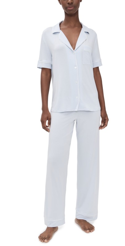Eberjey Gisele The Short Sleeve Long Pajama Set Ice Blue/Ivory