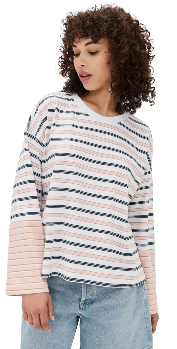 Madewell Easy Crew Neck Long Sleeve Tee In Stripe Pale Blush