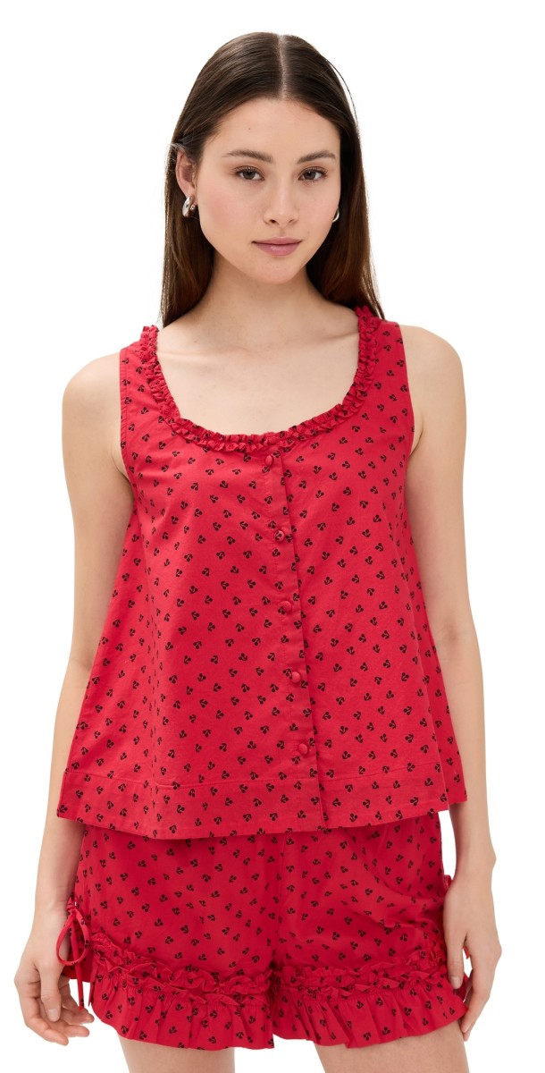 Damson Madder Mafalda Ruffle Neck Top Red Cherry