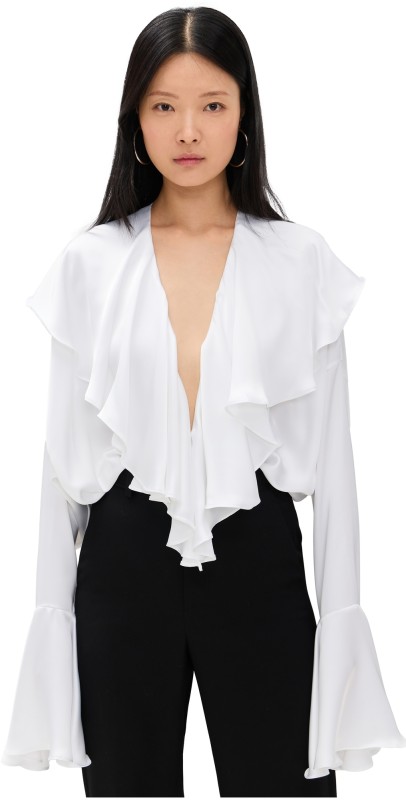 Norma Kamali Long Sleeve Deep V Ruffle Bodysuit Snow White