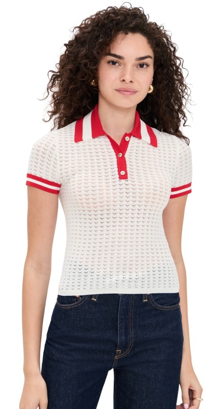 alice + olivia Martha Pointelle Polo Soft White/Bright Ruby