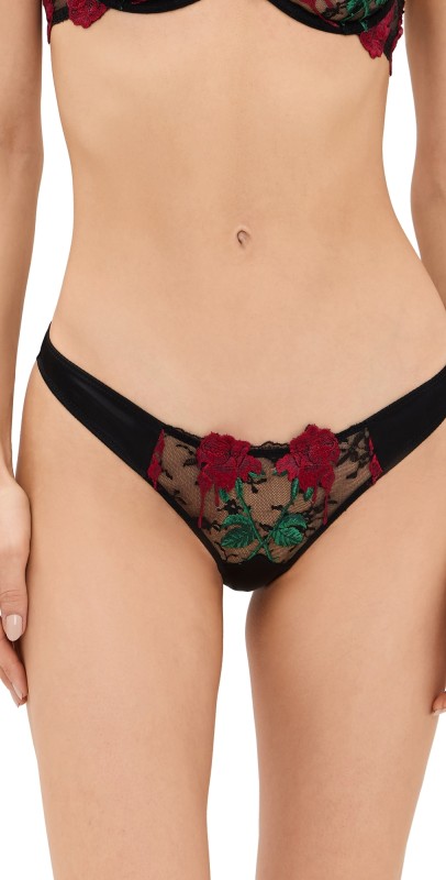 Fleur du Mal Bleeding Rose Embroidery Thong Black