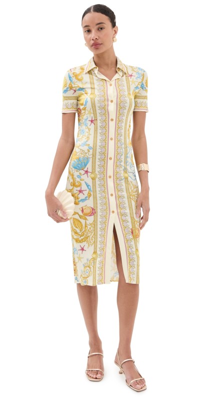 Versace Dress Underwater Barocco Foulard On Responsible Viscose Liquid Jersey Dress Eggshell/Multicolor