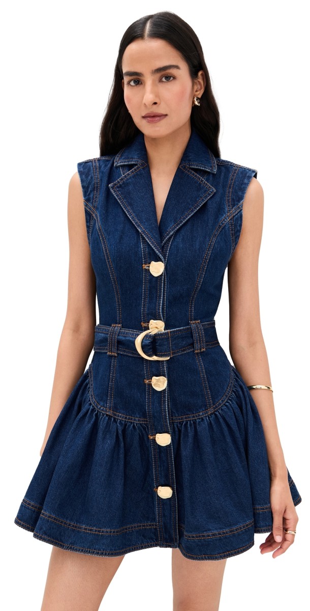 Aje Elena Belted Denim Mini Dress Dark Classic Wash
