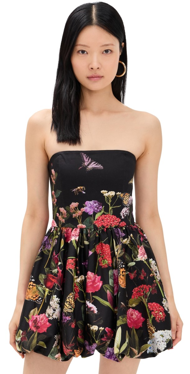 alice + olivia Asha Strapless Structured Bubble Hem Mini Dress Secret Garden