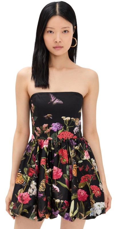 alice + olivia Asha Strapless Structured Bubble Hem Mini Dress Secret Garden
