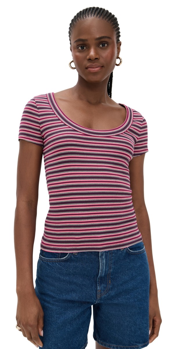 Madewell Regenerative Cotton Ribbed Scoop Neck Tee Dark Fig Stripe