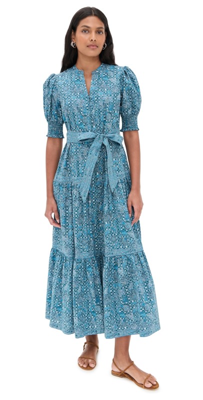 Hill House Home The Short Sleeve Yara Dress Calico Trellis/Navy