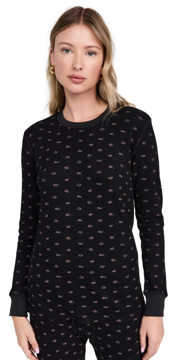 THE GREAT. The Waffle Surplus Crew Top Black Mini Heirloom Rose