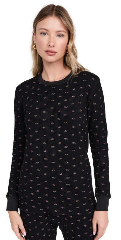 THE GREAT. The Waffle Surplus Crew Top Black Mini Heirloom Rose