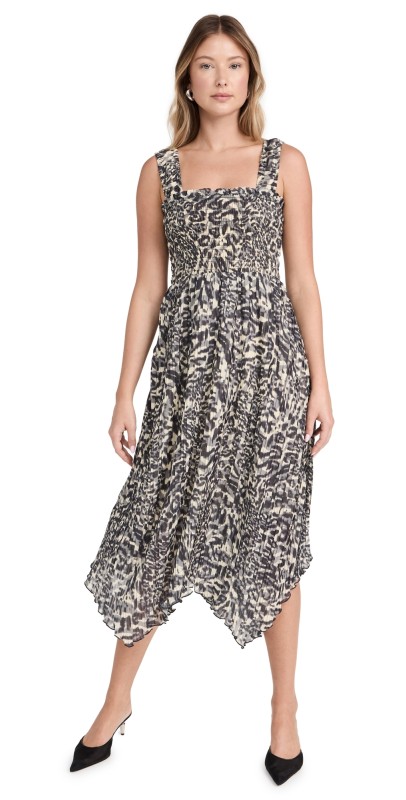 GANNI Pleated Georgette Smock Midi Strap Dress Lemon Icing