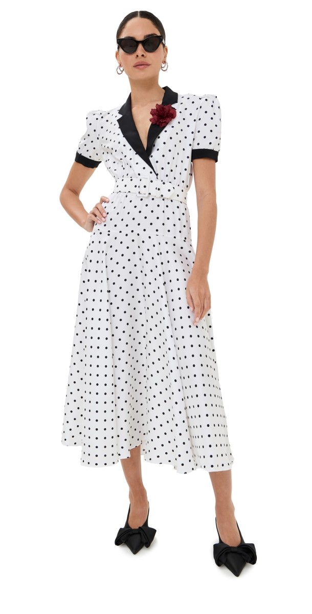 Rodarte White And Black Polka Dot Silk Twill Dress With Belt And Flower White
