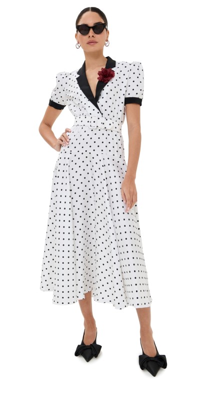 Rodarte White And Black Polka Dot Silk Twill Dress With Belt And Flower White