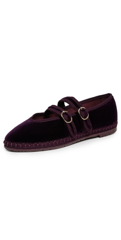 Flabelus Claire Velvet Mary Jane Flats Aubergine