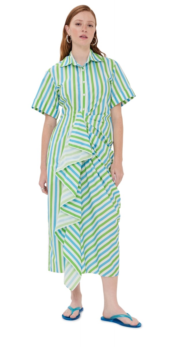 Rosie Assoulin Gathered Ruffle Shirt Dress Blue/Green Stripe