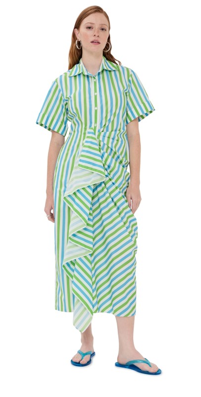 Rosie Assoulin Gathered Ruffle Shirt Dress Blue/Green Stripe
