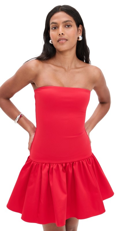 alice + olivia Oriana Strapless Drop Waist Mini Dress Bright Ruby