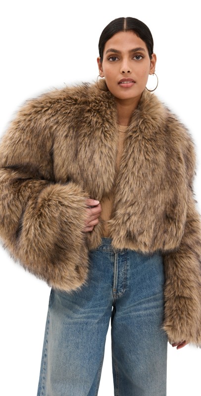 A. W.A. K.E. MODE Rounded Sleeve Cropped Faux Fur Jacket Brown