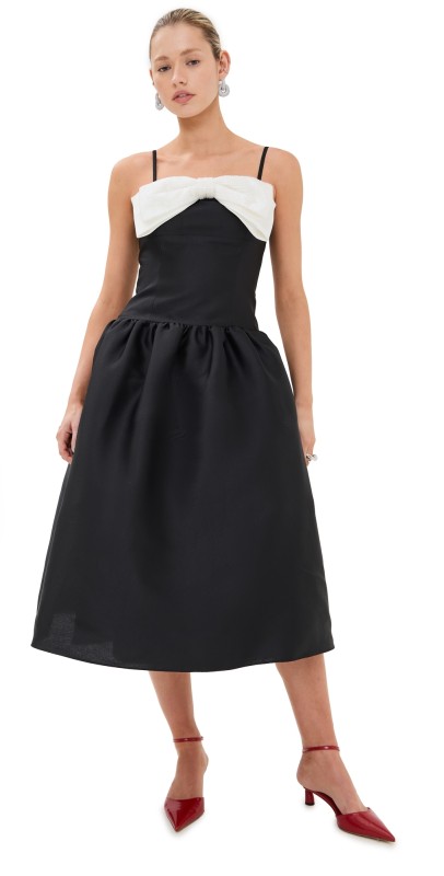 Self Portrait Taffeta Contrast Bow Midi Dress Black