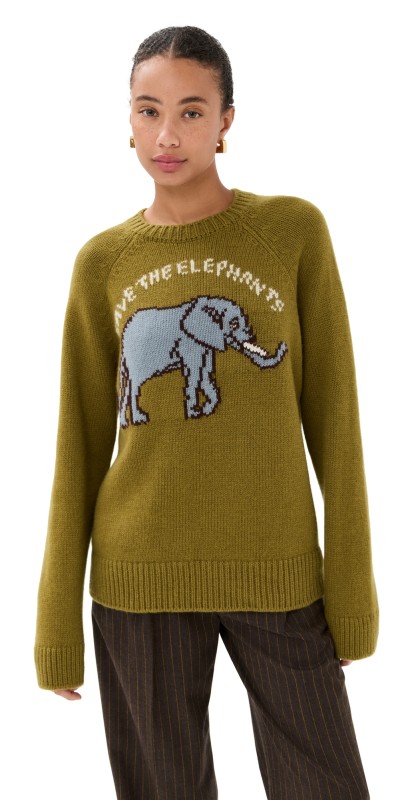 The Elder Statesman Elephant Crewneck Cashmere Sweater Dark Olive Multi