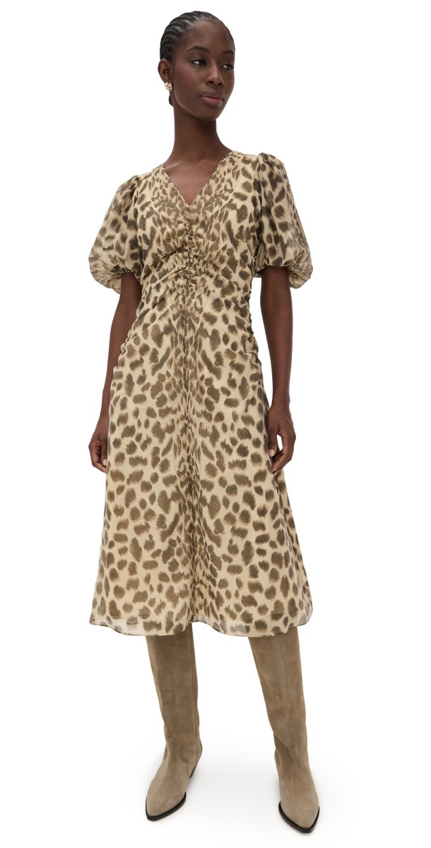 Sea Claude Print Puff Sleeve Midi Dress Cream