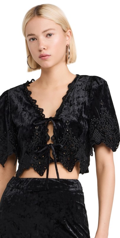 Moon River Short Puff Sleeve Eyelet Detail Velvet Top Black