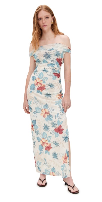 WAYF Marina Ruched Midi Dress Blue Hibiscus
