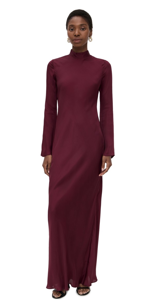Hemant and Nandita Bias Cut Mock Neck Maxi Dress Burgundy