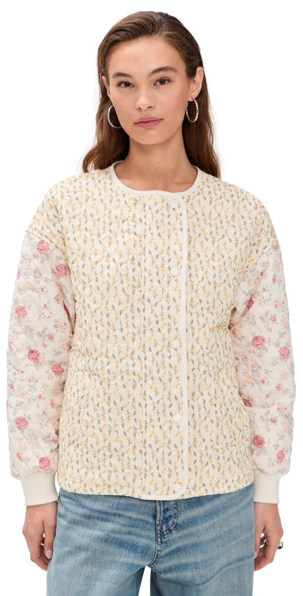 Avec Les Filles Collarless Quilted Bomber Jacket White Pink/Yellow Floral