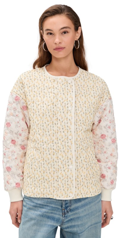 Avec Les Filles Collarless Quilted Bomber Jacket White Pink/Yellow Floral