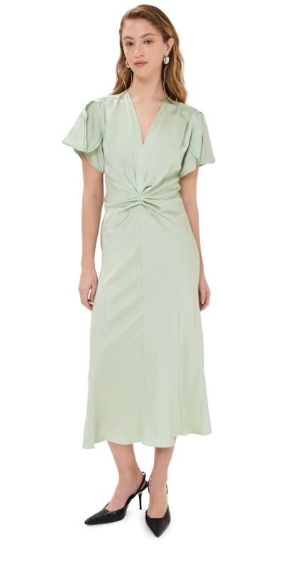 Victoria Beckham Gathered V-Neck Midi Dress Jade
