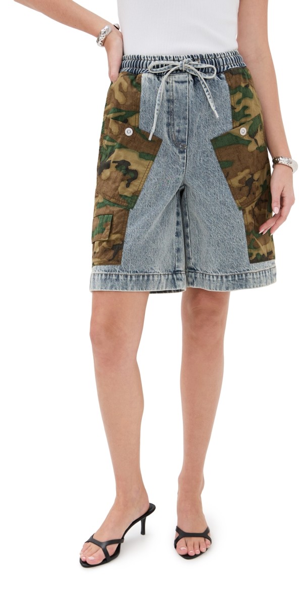 3.1 Phillip Lim Patchwork Camo Ripstop Basketball Shorts Dark Olive Multi