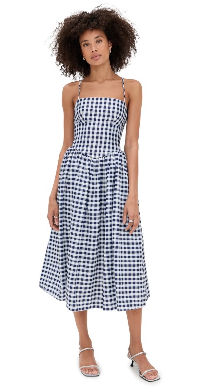 Self Portrait Navy Printed Taffeta Midi Dress Navy Gingham