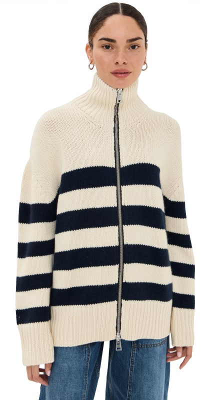 Brandon Maxwell Zip Front Striped Knit Cardigan Navy & White Stripe