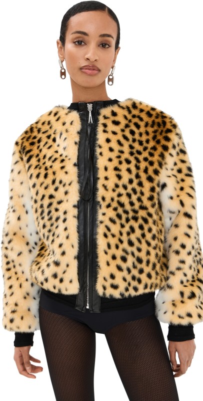 rabanne Faux Fur Leopard Print Zip Jacket Guepard/Brown/Black