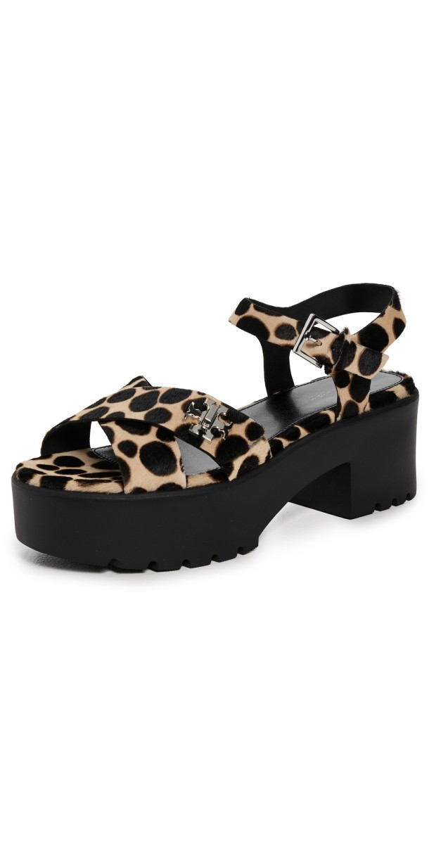 Tory Burch T Lock Lug Heeled Sandals Trench/Perfect Black