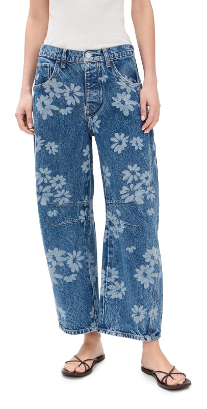 Free People Good Luck Printed Barrel Jeans Laser Daisy