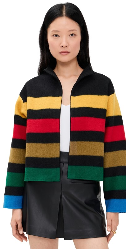 alice + olivia Pearson Collared Striped Sweater Jacket Black Multi