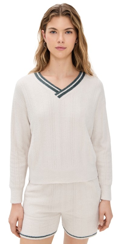 Barefoot Dreams V Neck Pointelle Pullover Sand Dune/Deep Juniper