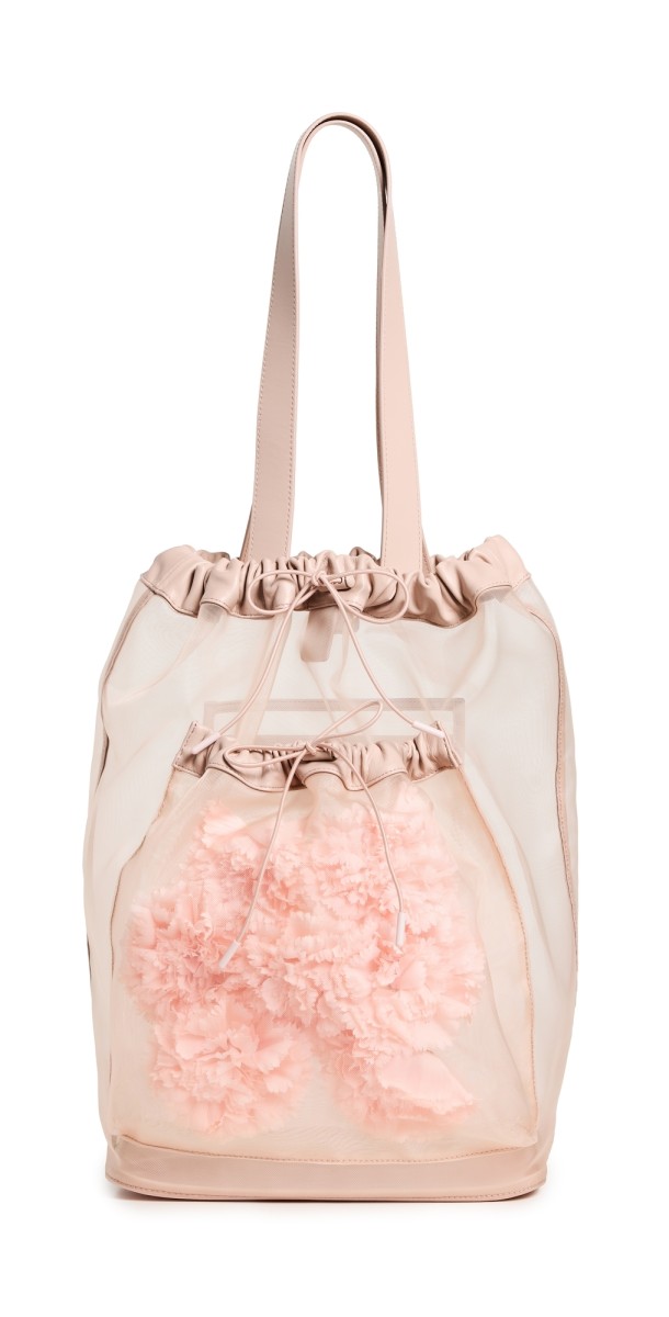 Simone Rocha Sheer Stuffed Carnation Drawstring Pocket Tote Bag Nud