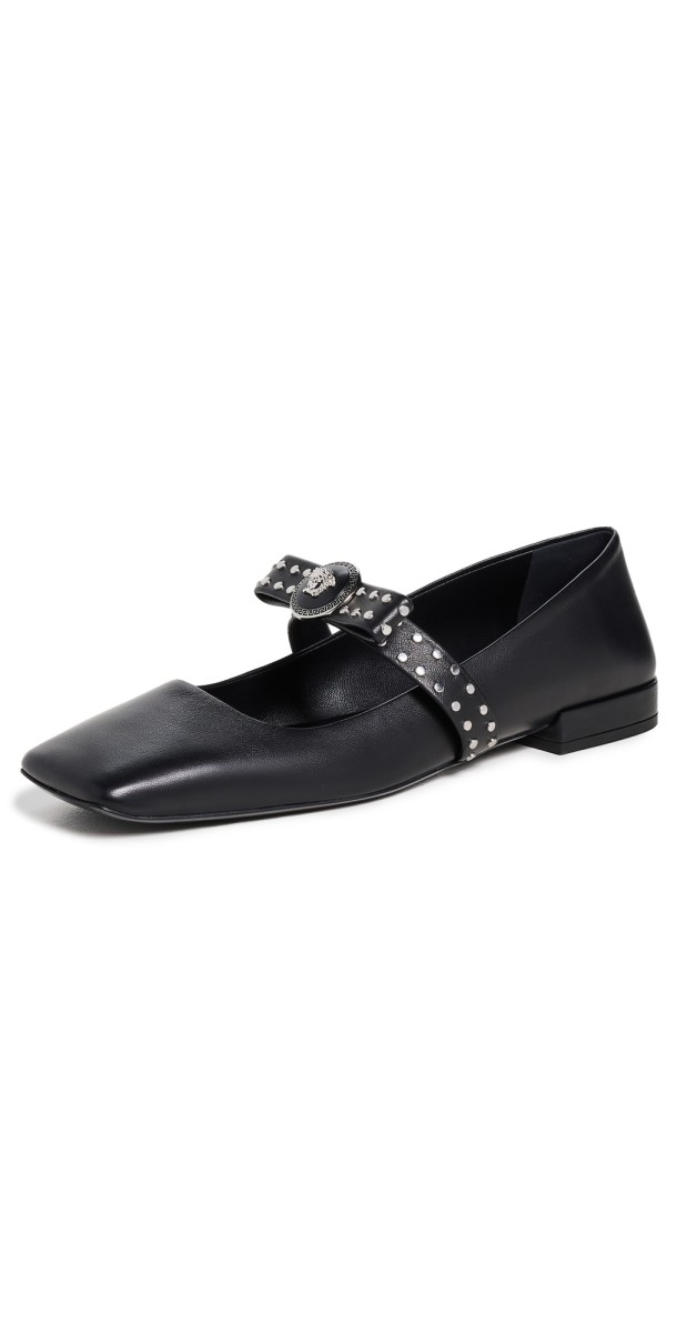 Versace Giannia Ribbon Ballerina Flats 1B00P-Black/Palladium