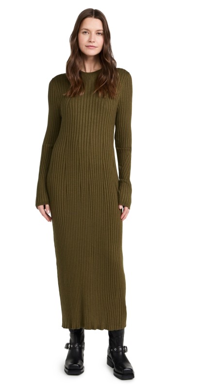 Varley Axel Rib Knit Midi Dress Olive Night