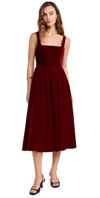 WAYF Bustier Velvet Midi Dress Scarlet