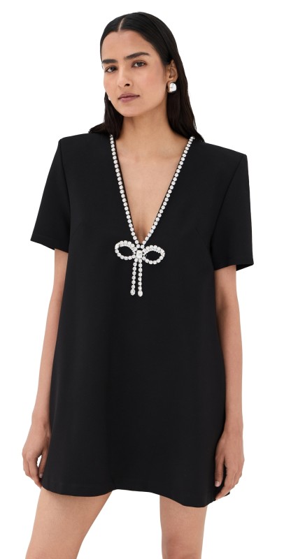 AREA Crystal Bow V-Neck T-Shirt Dress Black