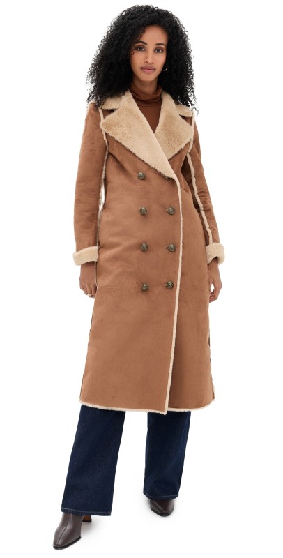 L'AGENCE Citron Faux Fur Maxi Coat Sepia Brown/Light Almond