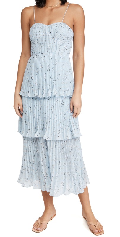 Self Portrait Metallic Floral Tiered Midi Dress Multi Color